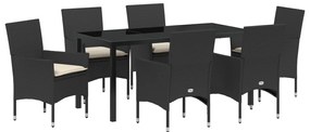 7 Darabos Kerti Étkezőszett Párnákkal Fekete Polirattan, Kerti Asztal Fekete 160x80x73 cm Edzett Üveg