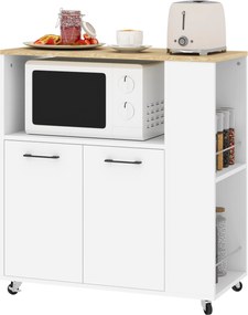 HOMCOM Konyhai Kocsi Nyitott Polccal, 2 Ajtós Szekrénnyel és 2 Szintű Oldalsó Polccal, Többfunkciós Kocsi Állítható Fa Polccal, 75x40x80.5 cm, Fehér é