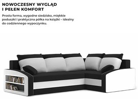 Grande sarokkanapé polcokkal , polc a bal karfaban, jobboldali, szövet anyag, hab töltet, fekete - fehér