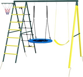 Outsunny Gyerek Hintaállvány, 4 az 1-ben Hinta Keret 2 Hintával, Kosárlabdapalánkkal, Mászó Lépcsővel, Kerti Hinta 3-8 Éves Gyerekeknek, Acél, Sárga |