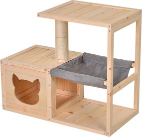 PawHut Macskaotthon Hálóval, Macska Doboz Sisakposzttal, Macska Barlang, Macska Fa, Macska Tevékenységi Központ, Borovi Fenyő, Natúr, 70 x 35 x 60 cm