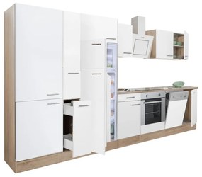 Yorki 370 konyhablokk sonoma tölgy korpusz,selyemfényű fehér front alsó sütős elemmel polcos szekrénnyel és felülfagyasztós hűtős szekrénnyel