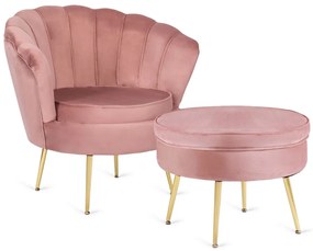 Elegáns Fotel Lábtartóval Rózsaszín Bársony Kárpittal. GRAND