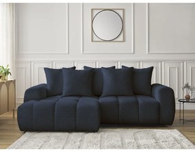 Kék buklé kinyitható-tárolóhelyes sarokkanapé (bal oldali-heverő résszel) Roxelane – Bobochic Paris