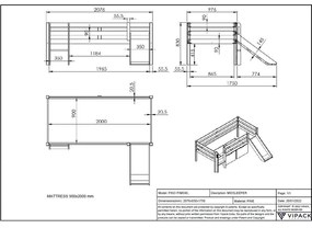 Pino fehér magasított gyerekágy csúszdával, 90 x 200 cm - Vipack
