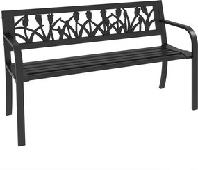 Outsunny Acél Kerti Pad, 2-Személyes Kerti Pad Díszes Hátlappal és Karfával, 125x50x75cm, Fekete | Aosom
