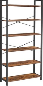 6 szintes könyvespolc, álló polc acélkerettel 30x80x186 cm, rusztikus barna