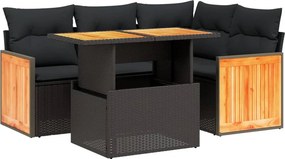 vidaXL 5 részes fekete polyrattan kerti kanapészett párnákkal