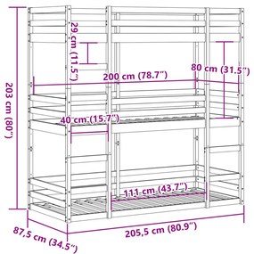 fehér tömör fenyőfa hármas emeletes ágy 80 x 200 cm