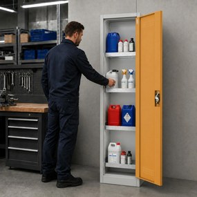 Oszlopos BHP vegyszerszekrény, szürke-sárga, 500x1850x400 mm: PETER