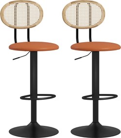 HOMCOM 2 db állítható magasságú bárszék rattan háttámlával és lábtartóval, modern magas szék, fa szerkezet, szintetikus bőr kárpitozás, barna | Aosom