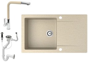 Gránit mosogató NERO Gold + kihúzható Linea csaptelep + dugókiemelő (bézs)