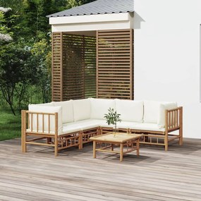 vidaXL 6 részes bambusz kerti ülőgarnitúra krémfehér párnákkal