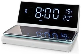 Nedis WCACQ20WT - Ébresztőóra LCD kijelzővel és vezeték nélküli töltő 15W/5V fehér
