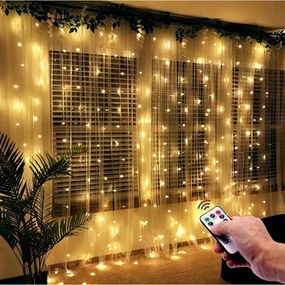 300 micro LED-es USB-s beltéri fényfüggöny, 8 világítási móddal, távirányítóval, 3 x 3 m, meleg fehér, IP65, HT