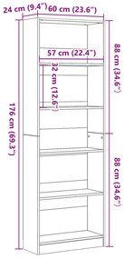Fekete Tölgy Könyvespolc - 60 x 24 x 176 cm, Műanyag Fából