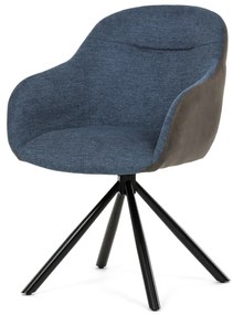 Scaun de sufragerie pivotant, țesătură albastră și țesătură gri închis, cu decor vintage din piele, metal negru, rotativ P90°+ L90° cu mecanism de retragere