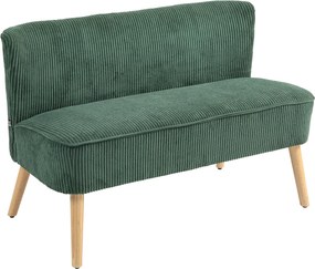HOMCOM Modern Zöld Kárpitozott Kanapé 2 Személyes Karfa Nélkül, Kordbársony Hatás, Kis Nappali Kanapé Fából Készült Lábakkal, 117 x 56,5 x 77 cm | Aos