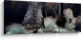 Kép - Viharos hullámokon áthajózó hajó (órával) (90x30 cm)
