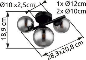 Globo 56133-3W Mennyezeti lámpa fém fekete váz, füstszínű búrával. Búra méretek: 1x12cm, 2x10cm, tartozék: 10676 LED LM, SZxM:210x280, AL:190, tartozék: 3xG9 LED 3,5W 230V, 80lm, 3000K