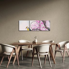Kép - Madár egy fán rózsaszín virágokkal (órával) (90x30 cm)