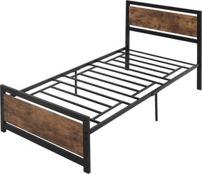 HOMCOM Egyszemélyes Ágykeret Fából és Acélból 97x 208x103cm, Beépített Rácsokkal, Ipari Stílusú Fejtámlával és Lábvéggel, Fekete és Rusztikus Barna |