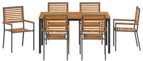 7 darabos Kerti Étkezőszett Szürke Poli Rattan Akácia, Összecsukható Kerti Székek párnázattal 2 db Szürke Poli Rattan, Kerti Asztal 150x90x75 cm Szilárd Akácia Fa és Fém