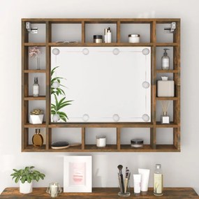 füstös tölgy színű tükrös szekrény LED-ekkel 91 x 15 x 76,5 cm