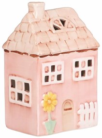 Kerámia házikó LED-del, 12 x 9 x 18 cm, tavasz,rózsaszín