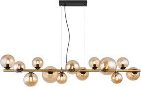 Globo 56135-13H Függeszték fém matt fekete, fém matt sárgaréz, üveg borostyán, kábel PVC átlátszó, HxSzxM: 1200x345x1200mm, üveg átmérő: 6x10cm, 5x12cm, 2x15 cm, benne 13x G9 LED 3.5W 230V, 350lm forrás, 290lm kimenet, 3000K,