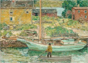 Üveg kép - Childe Hassam, Oyster Sloop, Cos Cob, reprodukciók (70x50 cm)