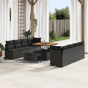 11 Darabos Kert Kanapé Szett Párnákkal Fekete Poly Rattan Eukaliptusz, 2-Fős Kert Kanapé Párnákkal Fekete Poly Rattan, 3 Darabos Kert Étkező Szett Párnákkal Fekete Poly Rattan Eukaliptusz