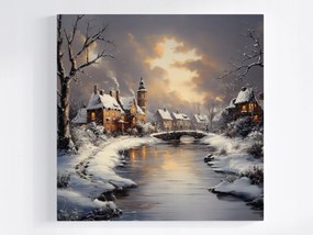 Vászonkép Canvas Tájkép Város Folyó Házak Tél Hó Híd 80x80
