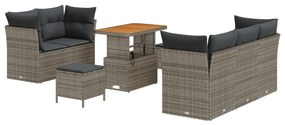 8 Darabos Kert Sofa Szett Párnákkal Szürke Poli Rattan Akácia, 3 Darabos Kert Étkező Szett Párnákkal Szürke Poli Rattan Akácia