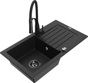 Mexen Pablo 1 rekeszes gránit mosogató csepegtetővel és Aster konyhai csappal, fekete - 6510-77-73450-70-B