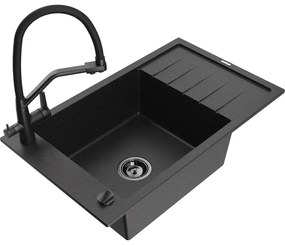 Mexen Elias 1-medencés gránit mosogató csepptálcával és Duo konyhai csapteleppel, fekete/ezüst metál - 6511-73-671701-70-B