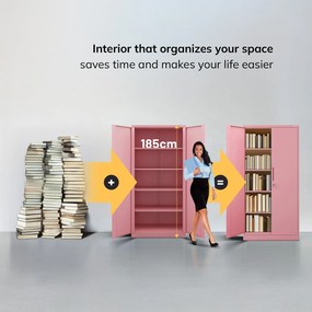 Fémszekrény otthoni irodába JAN, 900 x 1850 x 400 mm, Fresh Style: púderrózsaszín