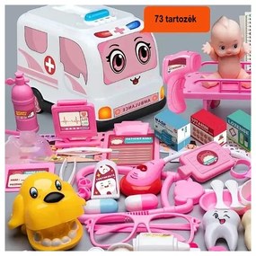 Orvosi készlet 73 kellékkel, interaktív mentőautó fényekkel és hanghatásokkal, baba, rózsaszín