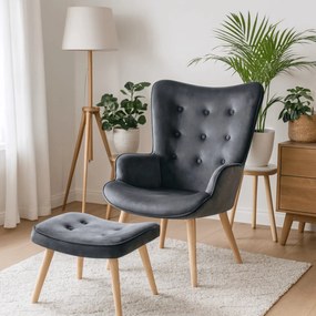 Pihenőfotel szürke színben, bársony kárpittal, lábtartóval LOZANO