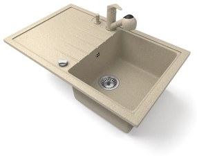 Gránit mosogató NERO Eris + kihúzható zuhanyfejes Shower csaptelep + adagoló + dugókiemelő (bézs)