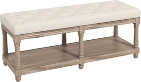 HOMCOM Kárpitozott Cipőpad Classic Stílus 2-rétegű Polcssal 115cm Ágyvégi Kárpitozott Faragott Fa Lábak Lino Bézs | Aosom