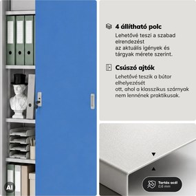Fém irodai szekrény tolóajtókkal, szürke-kék, 900x1850x400 mm: KUBA