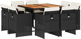 vidaXL 9 részes fekete polyrattan kerti étkezőgarnitúra párnákkal