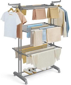 összecsukható 4 szintes ruhaszárító állvány, mozgatható, 64 x 126 x 172 cm, rozsdamentes acél, lehajtható szárnyakkal, szürke