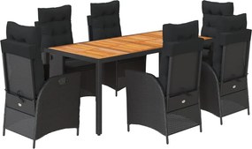 vidaXL 7 részes fekete polyrattan kerti étkezőgarnitúra párnával