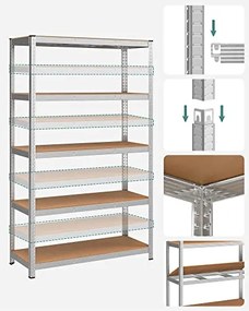 5 szintes polcrendszer, acél polcrendszer tároláshoz, teherbírás 875 kg, 60 x 120 x 200 cm, ezüst