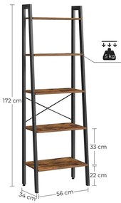 Létrapolc, 5 szintes ipari könyvespolc, rusztikus barna