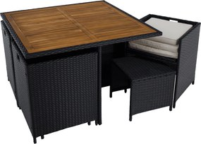 Kerti rattan szett, akácfa, fekete/krémszínű/természetes, MELFORD