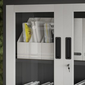 Fém iratszekrény széffel, vitrinnel és fiókokkal FILIP, 900 x 1850 x 400 mm, antracit-fehér