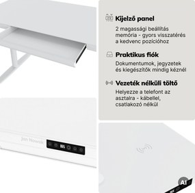 Elektromos ülő-álló íróasztal fiókkal és Qi vezeték nélküli töltővel fehér, 1400 mm: ELLIS